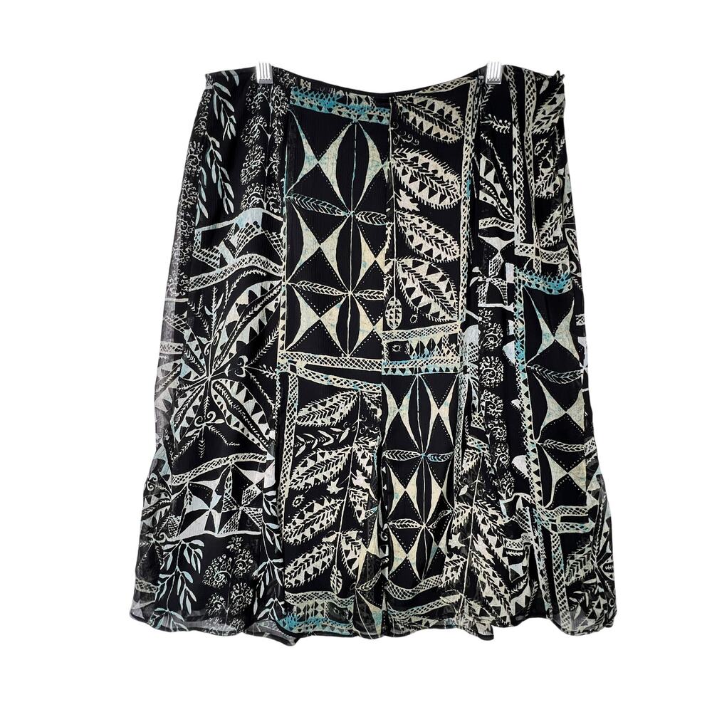 RAFAELLA Womens A Line Midi Skirt 14 Black Tan Teal Abstract Flowy Lined